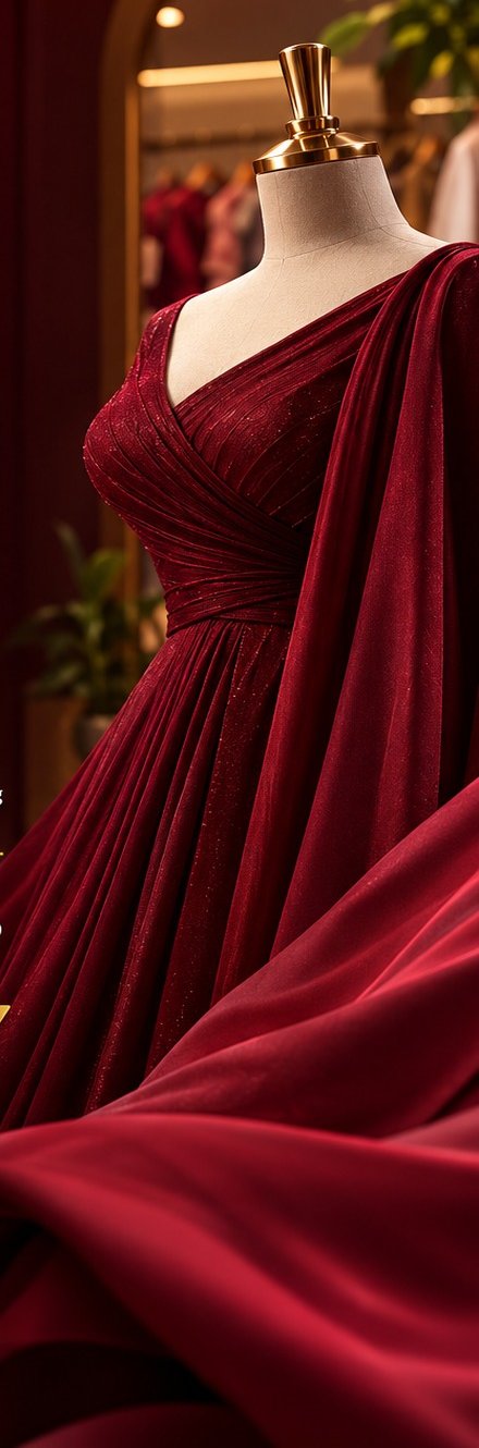 A wine-red draped gown on a mannequin at the Janki Design studio